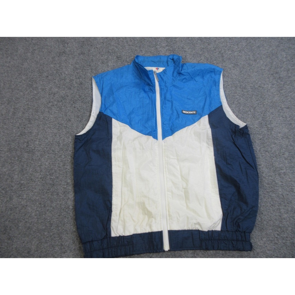Vintage Descente Vest Womens Medium Blue White Nylon Zip Front Made Japan 80s